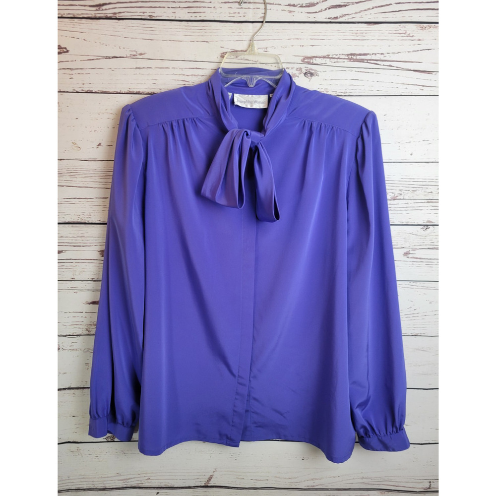 Vtg Josephine Woman Button Up Blouse Purple Tie Neck Long Sleeve Women's Size 40